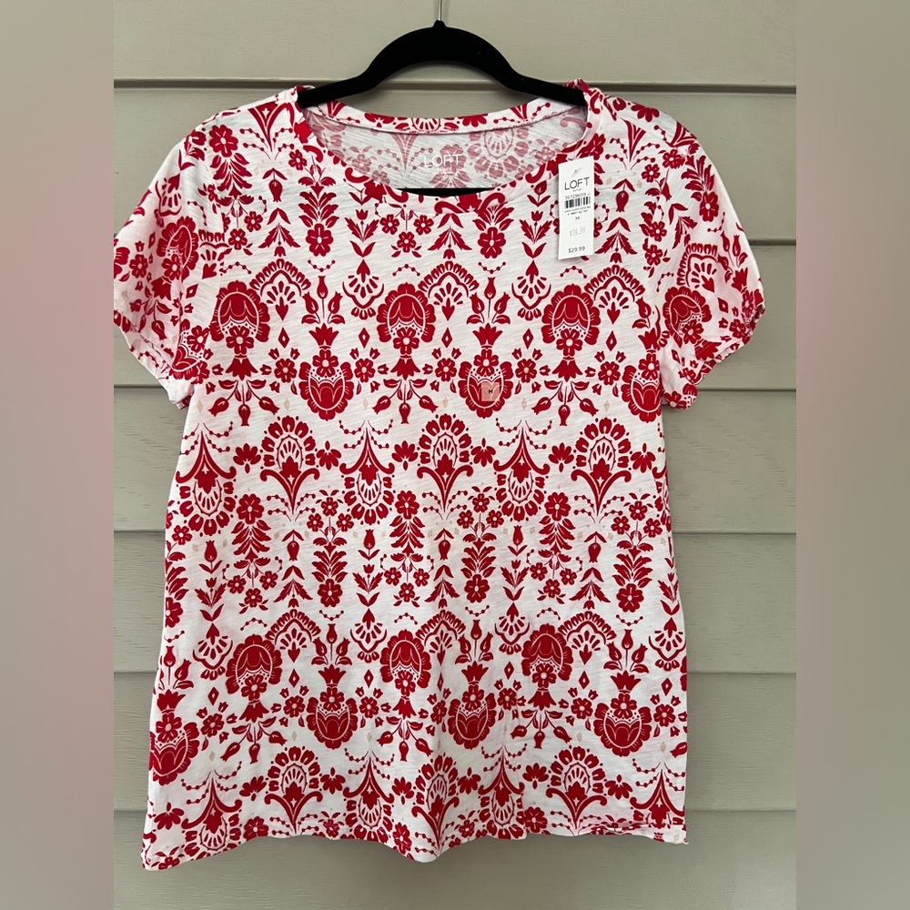 LOFT Red and White Patterned Women's cotton Top - Picture 3 of 5